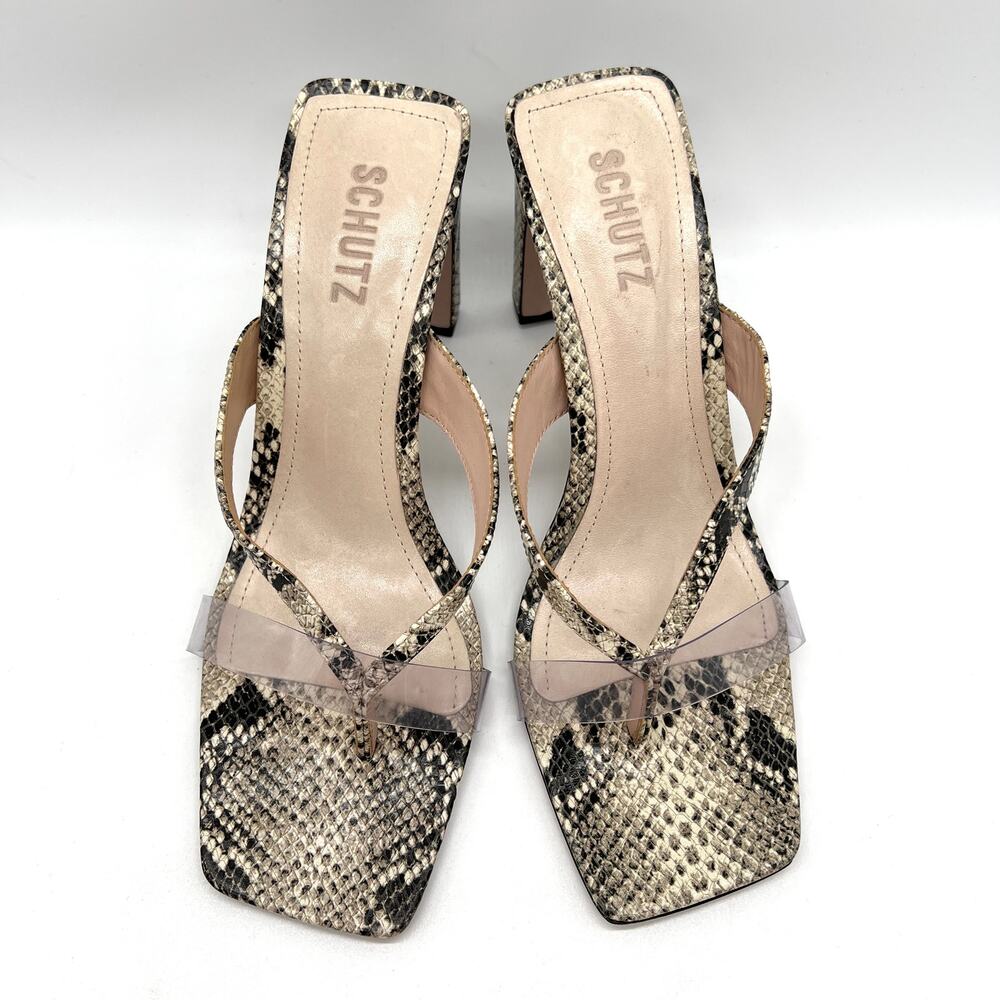 SCHUTZ Python Print leather Thong Sandal Women 9 Tan Black Square Toe Heel Snake - Picture 3 of 11